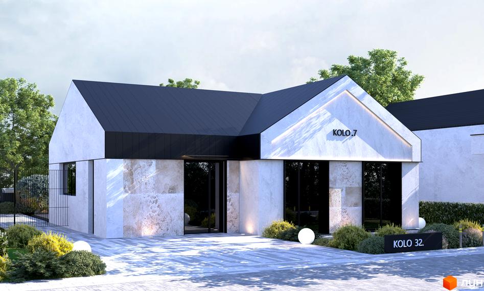 Котеджне містечко KOLO 32. Будинок з білим текстурованим фасадом, чорним дахом, великими темними вікнами та доріжками з бруківки.