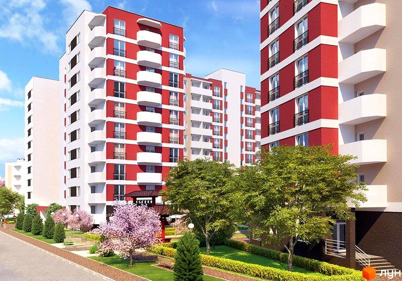 Житловий комплекс Сакура: багатоповерхові будинки з червоно-білими фасадами та балконами. Прибудинкова територія з зеленими насадженнями, доріжками та лавками.