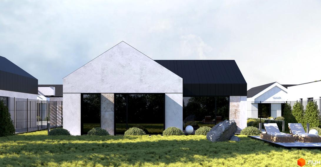 Котеджне містечко KOLO 32: Будинки з білими стінами та темними дахами, великими вікнами. На території зелений газон, кущі та зона відпочинку.