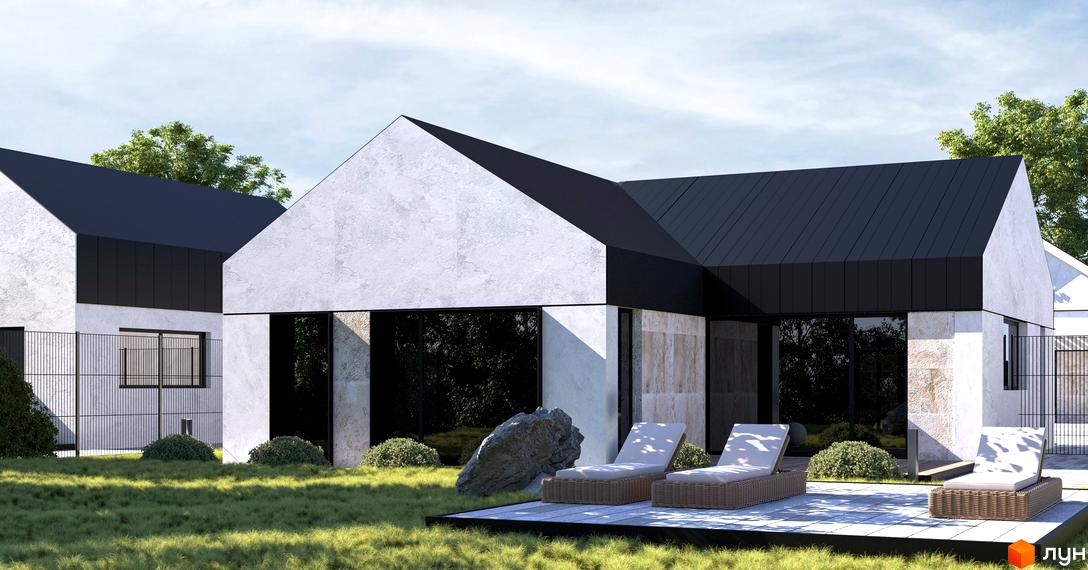 Котеджне містечко KOLO 32: будинки з білими фасадами, чорними дахами та великими вікнами. Прибудинкова територія з газоном, терасою та шезлонгами.