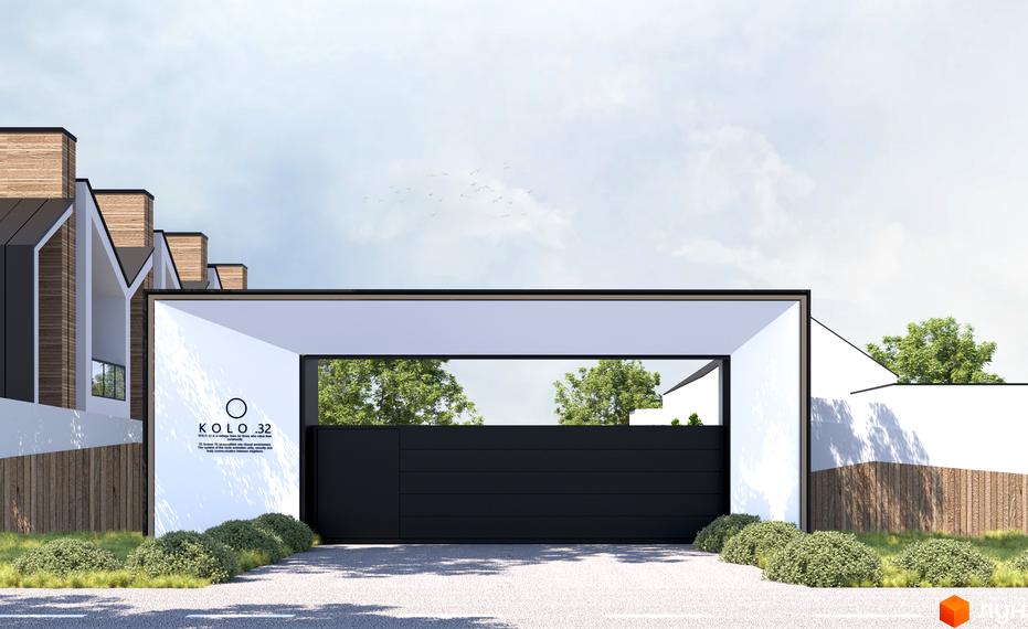 В'їзд до Котеджного містечка KOLO 32 з чорною брамою та білою аркою. Ліворуч розташовані будинки з дерев'яним оздобленням, перед в'їздом – зелені насадження.