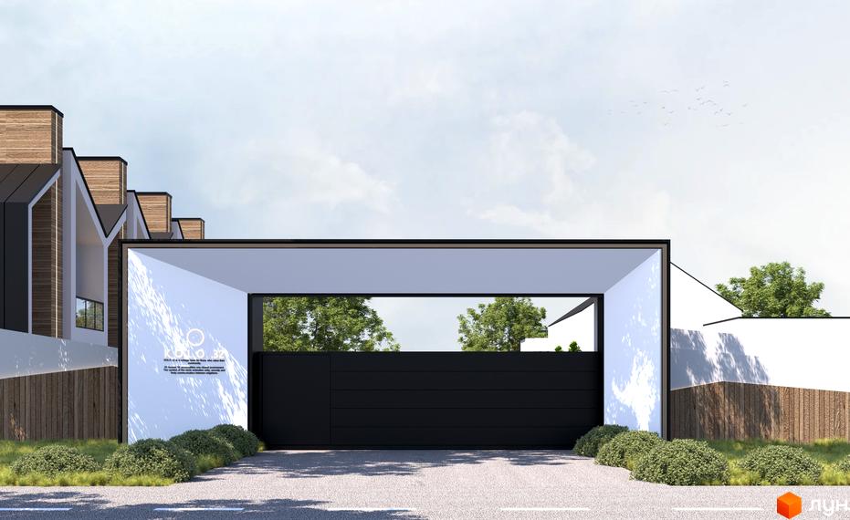 В'їзд до Котеджного містечка KOLO 32 з чорними воротами та білою вхідною групою. Поруч будинки з дерев'яними фасадами, територія з зеленими насадженнями.