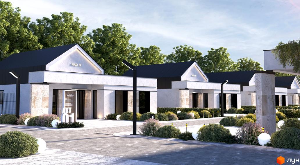 Котеджне містечко KOLO 32 з білими будинками, темними дахами та кам'яними вставками. Прибудинкова територія з доріжками, зеленими насадженнями та освітленням.