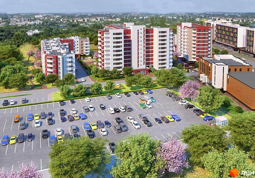 Багатоповерхові будинки Житлового комплексу Сакура з білими та червоними фасадами. Поруч велика парковка з автомобілями та зелена територія з деревами.