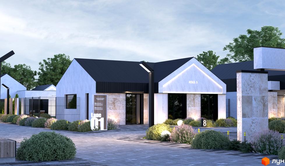 Котеджне містечко KOLO 5 з білими фасадами та чорними дахами, з великими вікнами та кам'яним оздобленням, оточене доглянутими кущами.