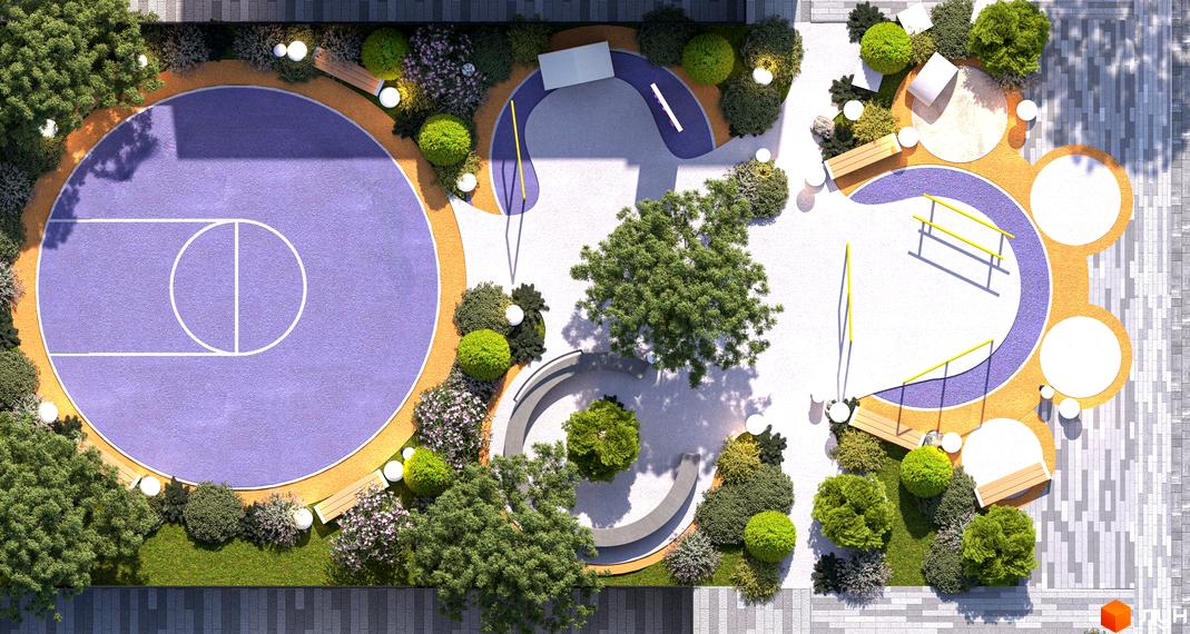 Котеджне містечко КМ KOLO 32: вид зверху на баскетбольний майданчик, зону відпочинку з лавками та озеленення. Територія комплексу з елементами благоустрою.