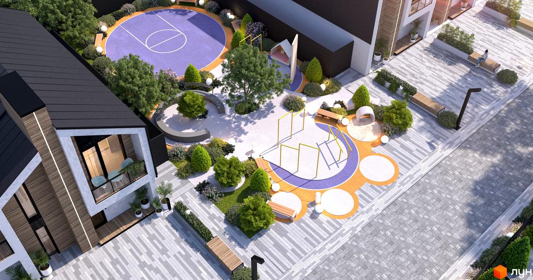 Зовнішній вигляд будинку житлового комплексу КМ KOLO 32 з балконами та терасами, прибудинкова територія з дитячим майданчиком та баскетбольним полем.