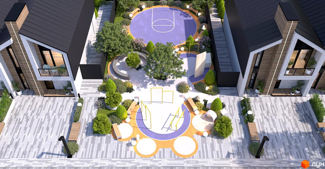 Котеджне містечко KOLO 32: фасади будинків з дерев'яними елементами та чорним дахом, поруч зона відпочинку з баскетбольним майданчиком та дитячим майданчиком.