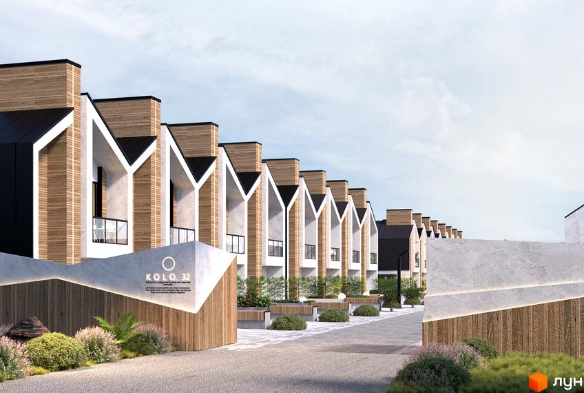 Котеджне містечко KOLO 32: фасади будинків з дерев'яним оздобленням та виразними дахами, доглянута прибудинкова територія з рослинністю.