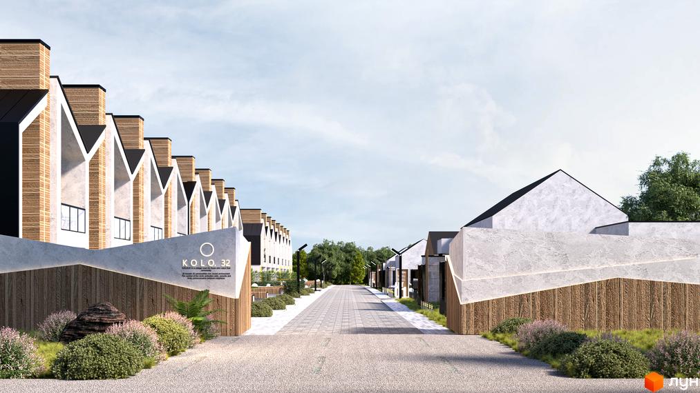 Котеджне містечко KOLO 32: фасади будинків з дерев'яними елементами та трикутними дахами, вимощена алея та зелені насадження.