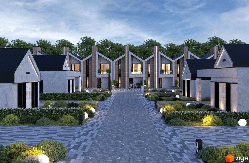 Котеджне містечко KOLO 32: фасади будинків з двосхилими дахами та дерев'яними елементами, доріжка з бруківки та ландшафтний дизайн території.
