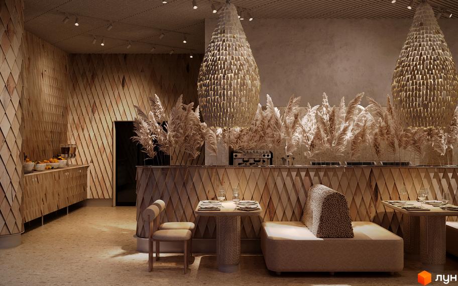 Інтер'єр ресторану Апарт-готелю IKON Resort з дерев'яними панелями, великими люстрами та декоративними рослинами. Зона відпочинку з обідніми столами та буфетом.