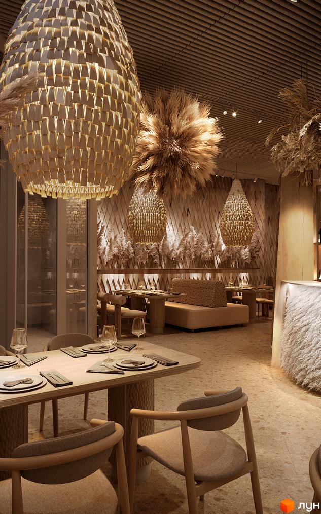 Інтер'єр ресторану в Апарт-готель IKON Resort з великими плетеними світильниками, декором із сухоцвітів та дерев'яними стіновими панелями.