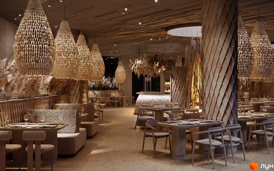 Обідня зона Апарт-готель IKON Resort з великими плетеними світильниками, дерев'яними панелями та природним декором.