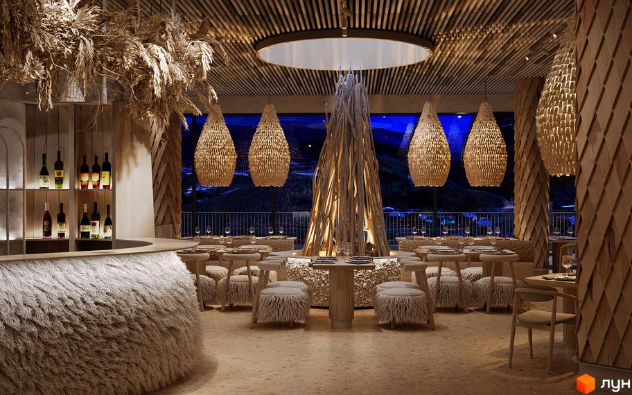 Інтер'єр ресторану Апарт-готель IKON Resort з панорамними вікнами на нічний пейзаж, великими плетеними світильниками та декором з натуральних матеріалів.