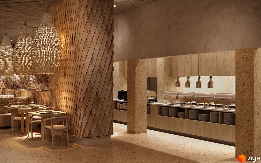 Апарт-готель IKON Resort: інтер'єр обідньої зони з дерев'яними стіновими панелями, великими плетеними світильниками та буфетною лінією.