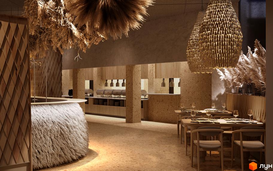 Ресторан Апарт-готель IKON Resort: обідня зала з дерев'яними меблями, декоративними елементами з сухих рослин та буфетною лінією.