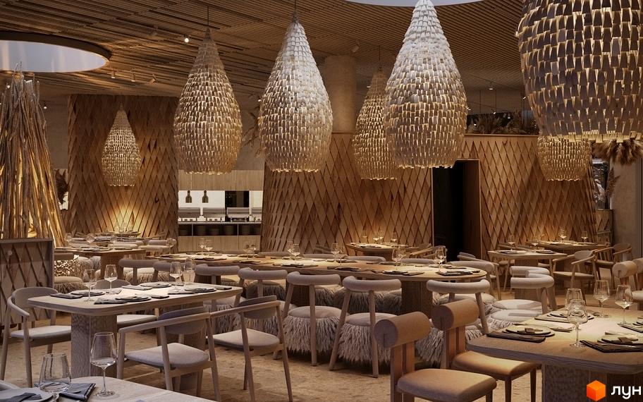Інтер'єр ресторану Апарт-готель IKON Resort з дерев'яними панелями на стінах, плетеними світильниками та обідніми столами.