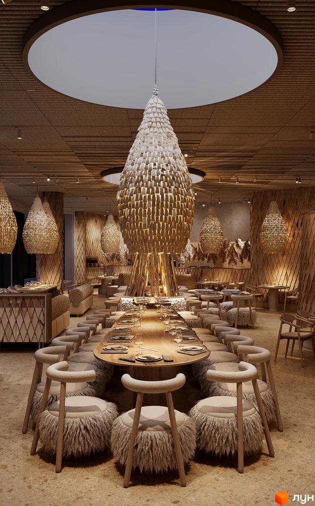 Інтер'єр ресторану Апарт-готель IKON Resort з дерев'яним оздобленням, великими плетеними світильниками. Довгий стіл та м'які крісла створюють затишну атмосферу для відпочинку.