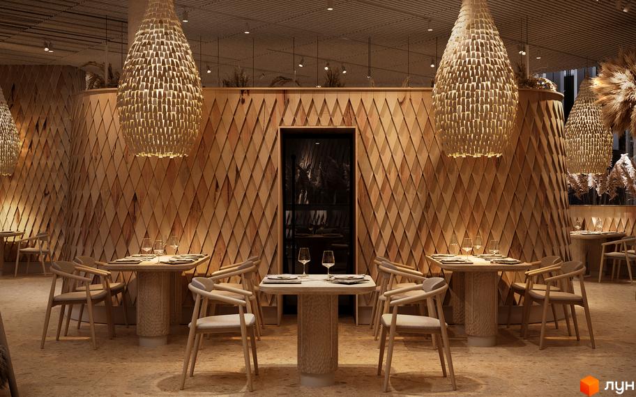 Інтер'єр ресторану апарт-готелю IKON Resort з дерев'яним оздобленням та дизайнерськими люстрами. Затишна атмосфера для відпочинку та вечері.