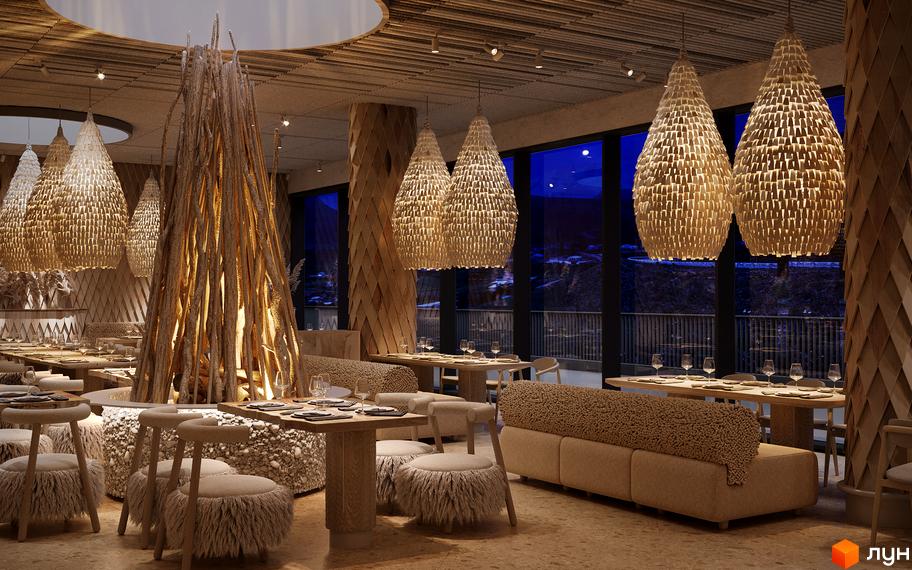 Інтер'єр ресторану апарт-готелю IKON Resort з дерев'яними елементами та великими вікнами з краєвидом на гори.