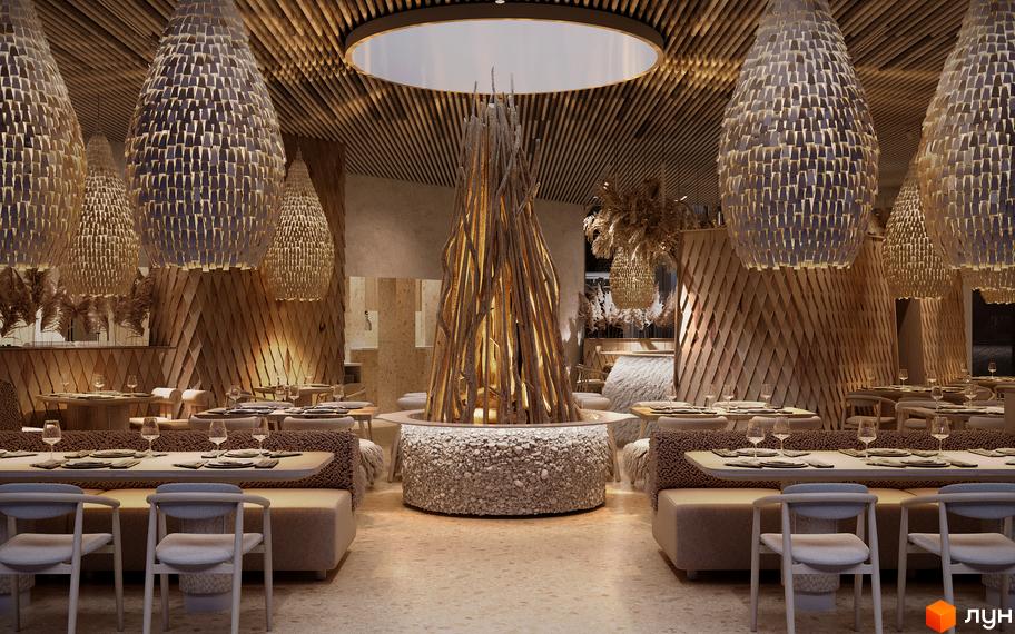 Інтер'єр ресторану апарт-готелю IKON Resort з дерев'яним декором та оригінальними люстрами. Затишна атмосфера для відпочинку та вечері.