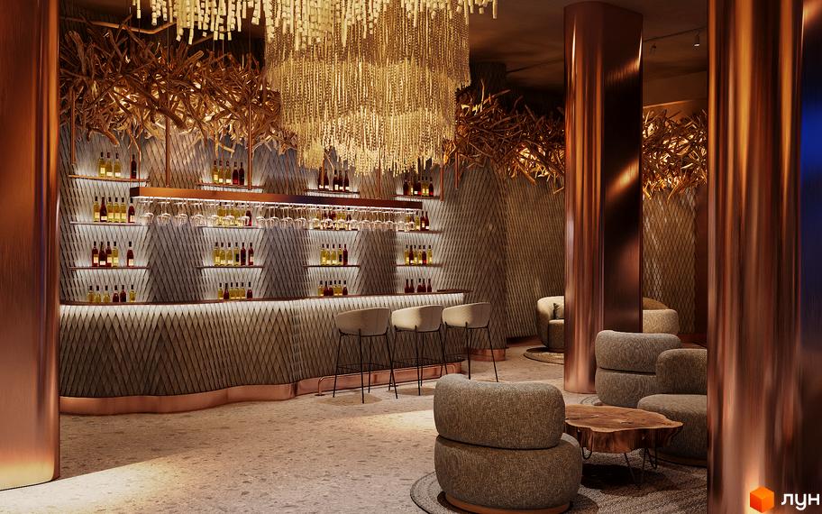 Інтер'єр апарт-готелю IKON Resort: барна стійка з пляшками вина та келихами, м'які крісла та оригінальні світильники.