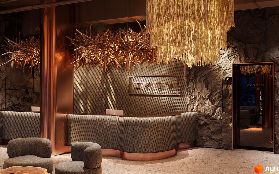 Апарт-готель IKON Resort: ресепшн зона з дизайнерськими світильниками та м'якими меблями. Інтер'єр лобі з природними текстурами та мідними акцентами.