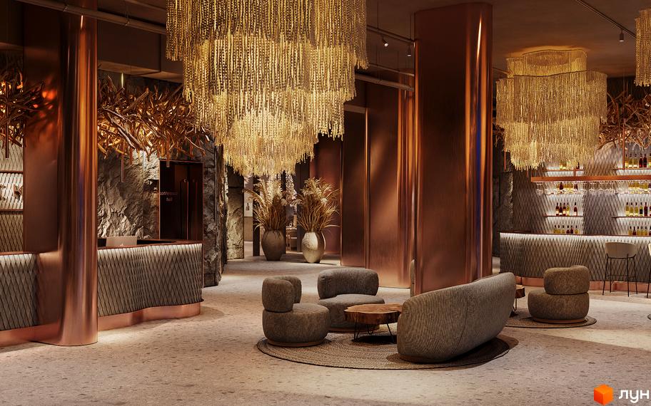IKON Resort апарт-готель: розкішний інтер'єр лобі з великими люстрами, зоною відпочинку та баром.