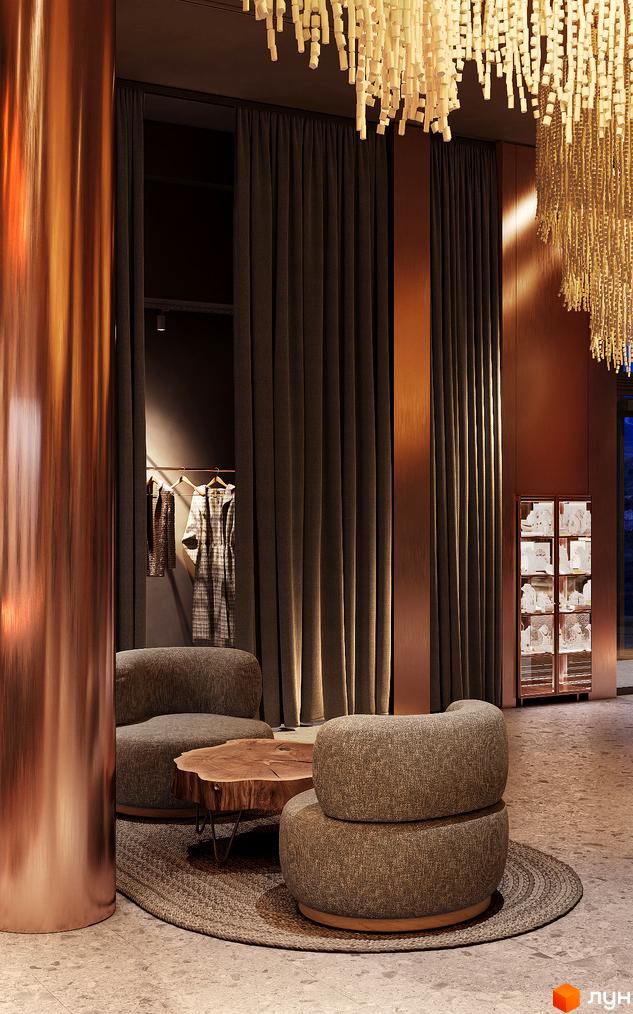 Апарт-готель IKON Resort: інтер'єр з м'якими кріслами, дерев'яним столиком та шторами. На стіні вішалки з одягом, у шафі виставлені предмети.