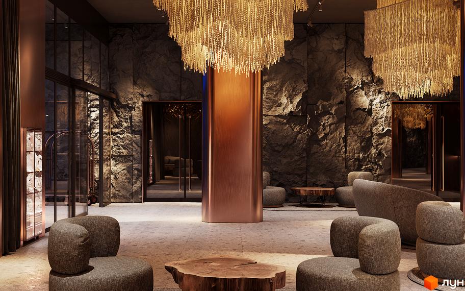 Інтер'єр лобі апарт-готелю IKON Resort з кам'яними стінами, м'якими меблями та дизайнерськими люстрами. Простір для відпочинку та зустрічей.