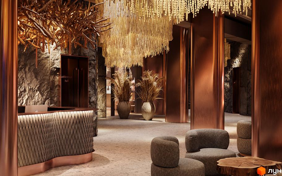Апарт-готель IKON Resort: ресепшн з кам'яною стіною, золотими люстрами та м'якими меблями. Дизайн інтер'єру в природних тонах.