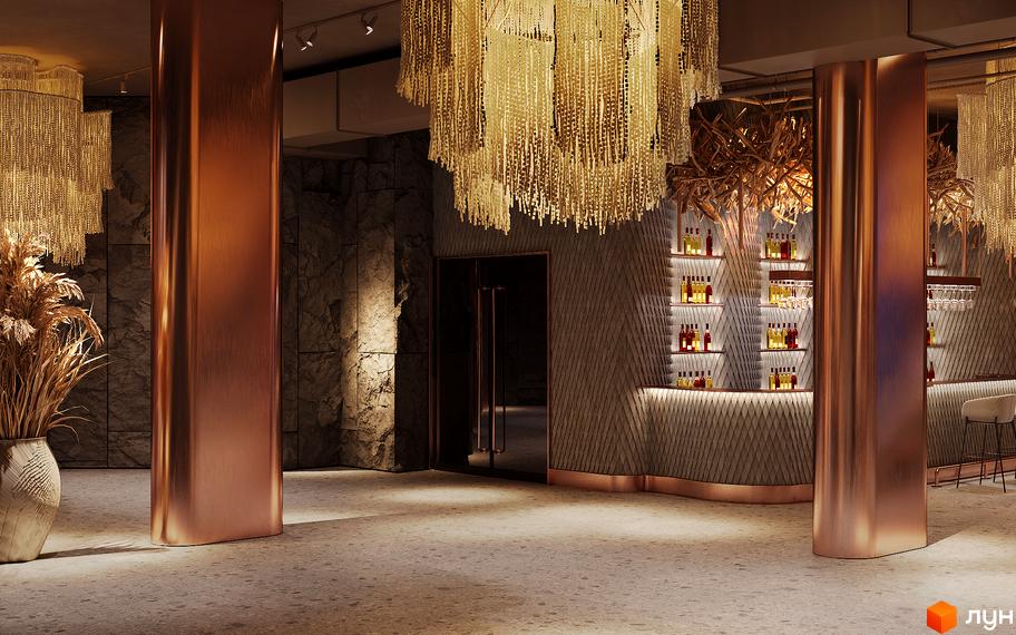 IKON Resort апарт-готель: розкішний інтер'єр з мідними колонами, великими люстрами та баром з пляшками алкоголю. Стильний дизайн для комфортного проживання.