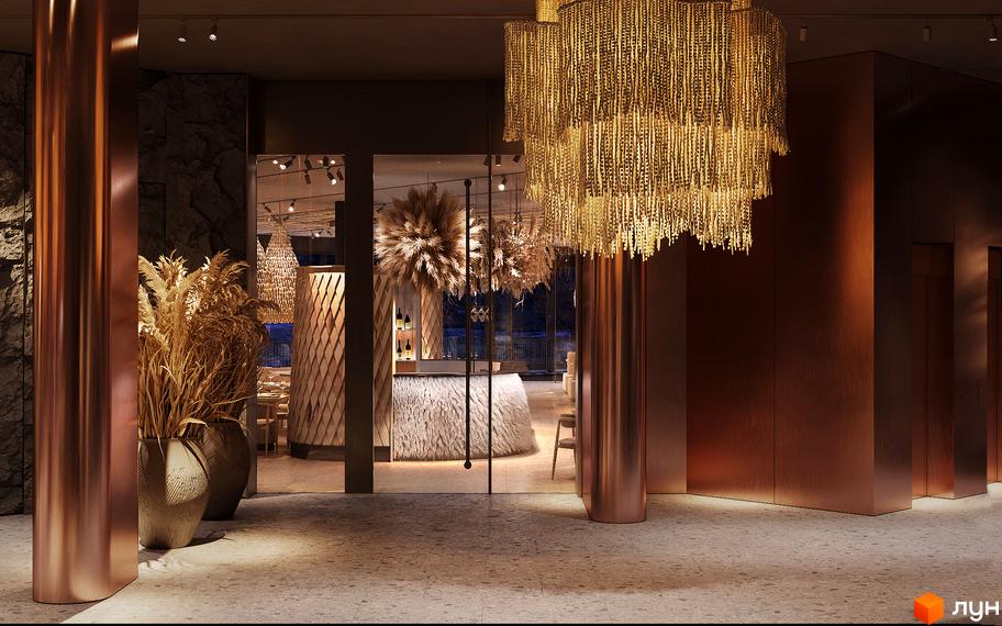 Інтер'єр апарт-готелю IKON Resort з розкішними люстрами та декоративними рослинами. Фоє з м'якою зоною та стійкою реєстрації.