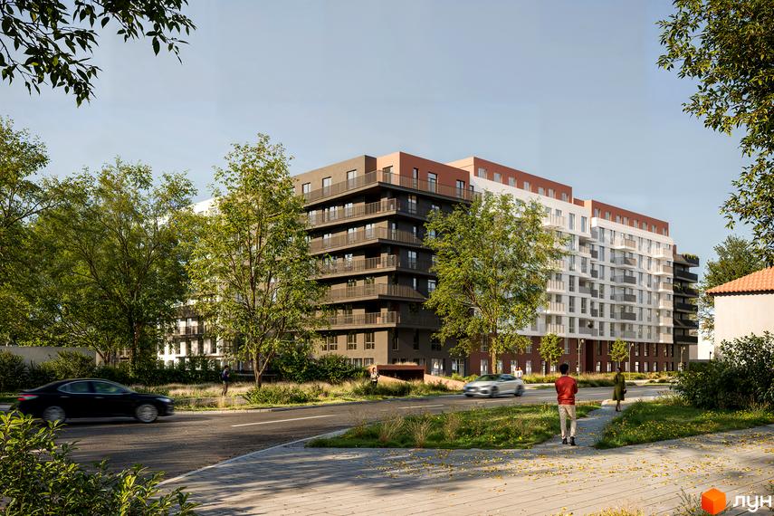 Житловий комплекс Стрийський Бульвар - це сучасна новобудова з балконами та зеленими зонами. На зображенні видно фасад будівлі та дорогу з деревами.