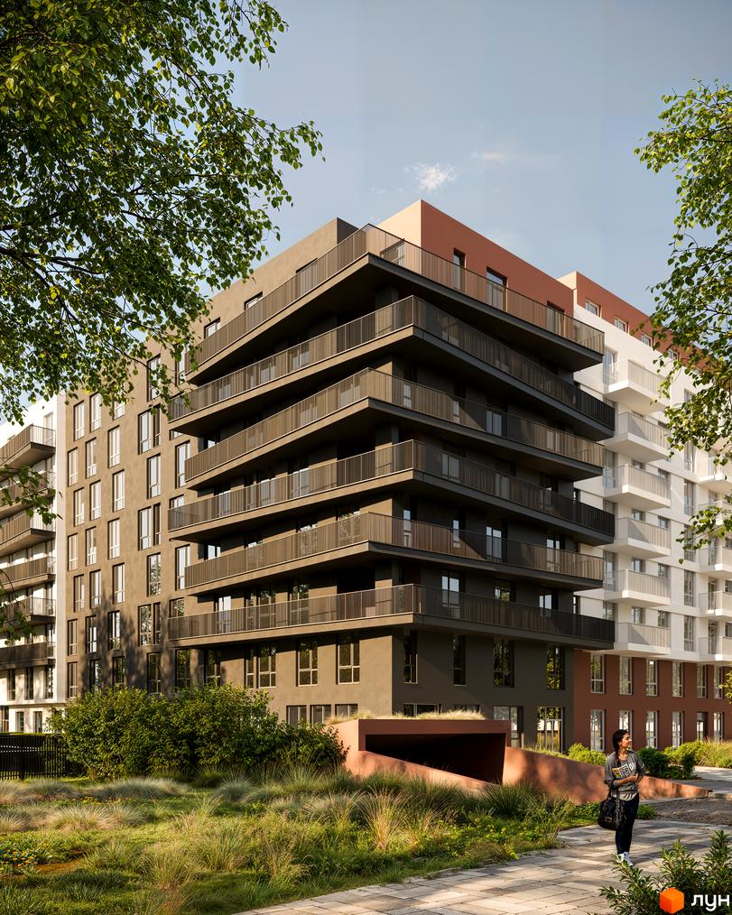 Новобудова ЖК Стрийський Бульвар з балконами та зеленою прибудинковою територією. Зовнішній вигляд будинку та ландшафтний дизайн.