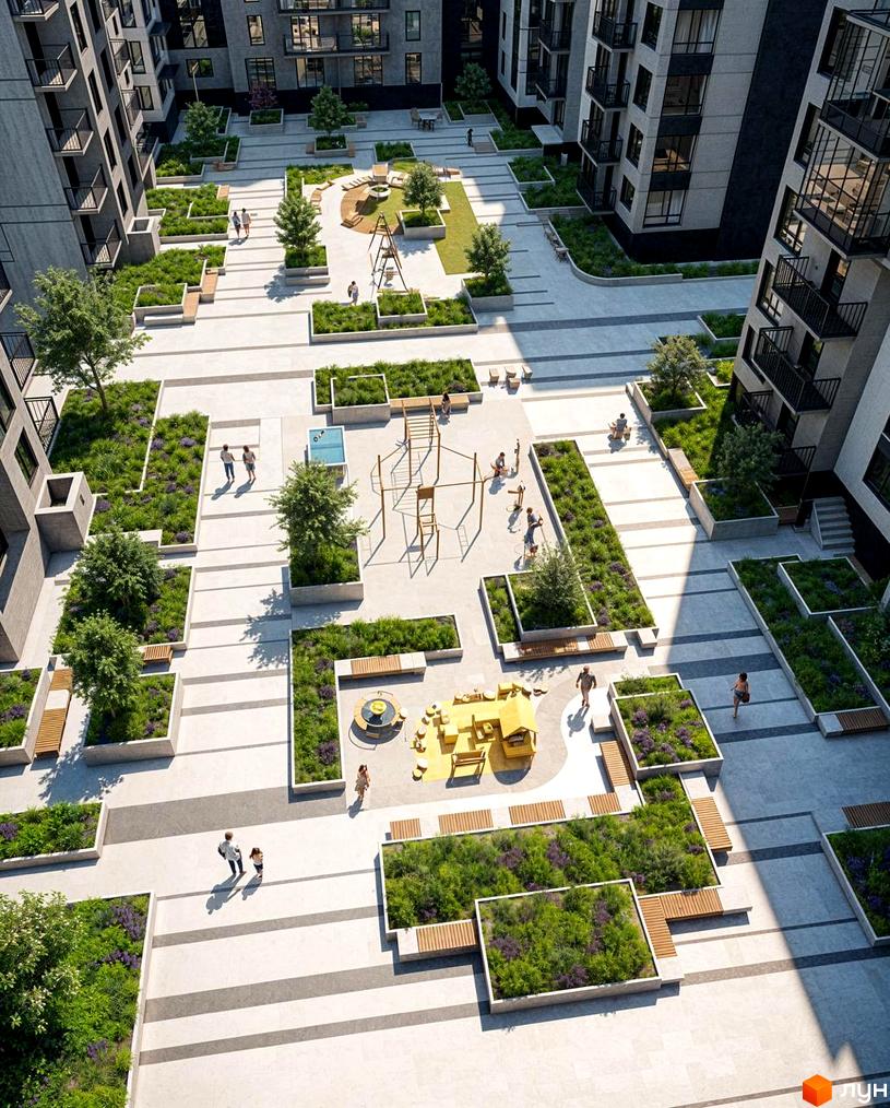 Житловий комплекс Park Residence: сучасний двір з дитячим майданчиком, зонами відпочинку та озелененням. Фасади будинків виконані в сірих тонах з чорними елементами.