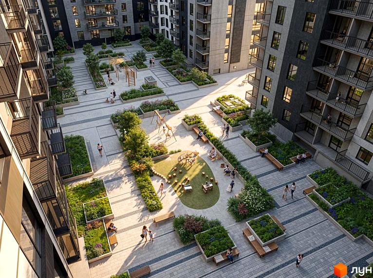 Житловий комплекс Park Residence: вид згори на внутрішній двір з дитячим майданчиком, зонами відпочинку та зеленими насадженнями між багатоповерховими будинками.
