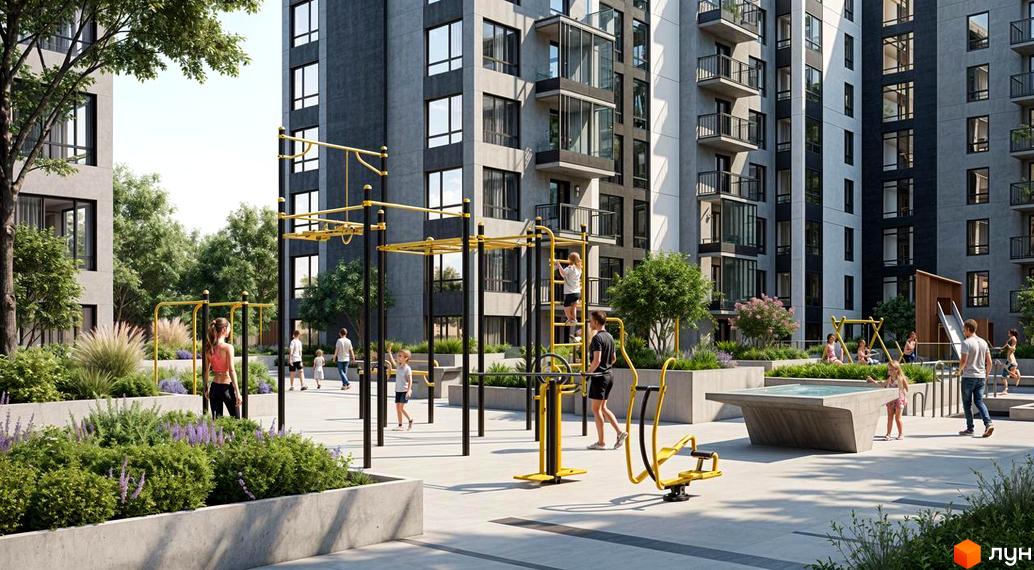 Житловий комплекс Park Residence з сірими фасадами та балконами, облаштований дитячий майданчик та спортивні тренажери на прибудинковій території.