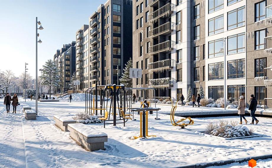 Житловий комплекс Park Residence з сучасними фасадами та балконами, оточений засніженою прибудинковою територією з дитячим майданчиком та зонами відпочинку.