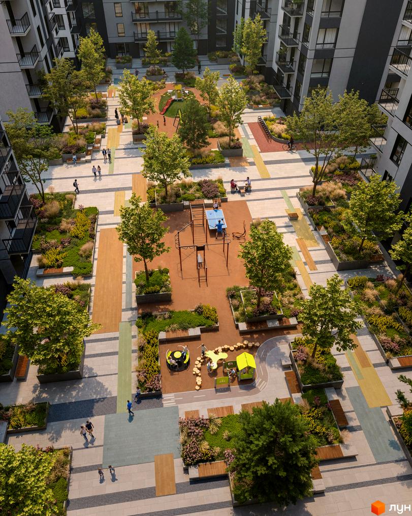 Житловий комплекс Park Residence: фасади будівель та зелене подвір'я з дитячим майданчиком та зонами відпочинку.