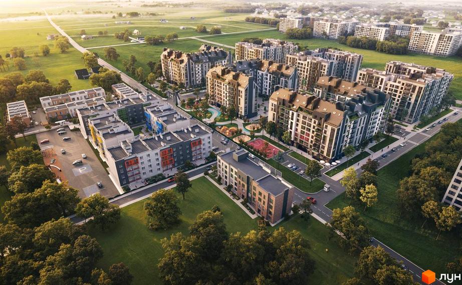 Житловий комплекс Park Residence: багатоповерхові будинки з різнокольоровими фасадами, дитячими майданчиками та парковками. Навколо зелена територія з деревами.