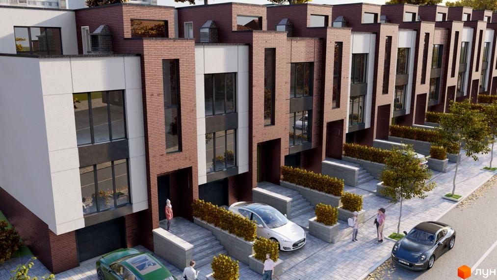 Ряд триповерхових таунхаусів з цегляними та світлими фасадами, великими вікнами та гаражами. Територія з озелененням та пішохідними доріжками.