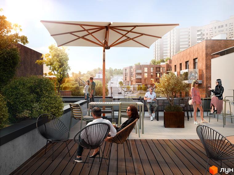 Житловий комплекс на Лисеницькій: цегляні будинки з терасою на даху. Тераса обладнана дерев'яним покриттям, парасолькою та зонами для відпочинку.