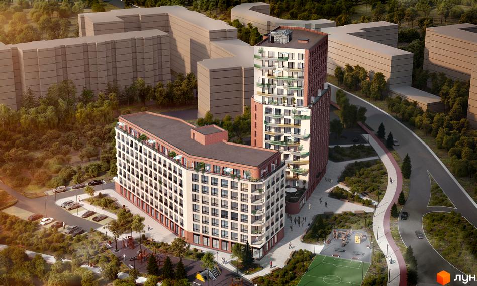 Житловий комплекс Величковського 7-Б з двома будівлями різної поверховості, світлими фасадами та цегляними елементами. Навколо розташовані зелені насадження, дитячий майданчик, спортивне поле та паркінг.