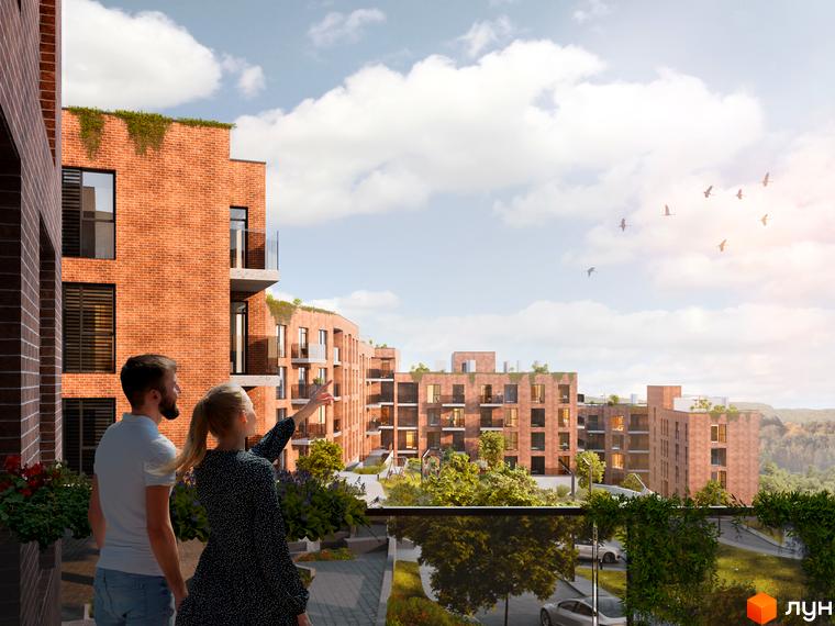 Житловий комплекс на Лисеницькій: цегляні будинки з балконами та озелененою прибудинковою територією. Пара спостерігає за комплексом з висоти.