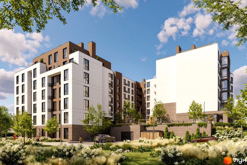 Житловий комплекс Парус ONE - це сучасна новобудова з біло-коричневим фасадом та прибудинковою територією з квітами та деревами.