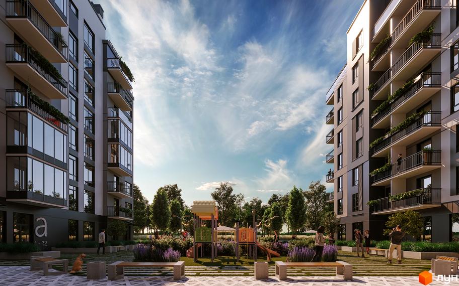 Житловий комплекс Park Residence: фасади будинків з балконами та панорамними вікнами, дитячий майданчик та зелена зона відпочинку.