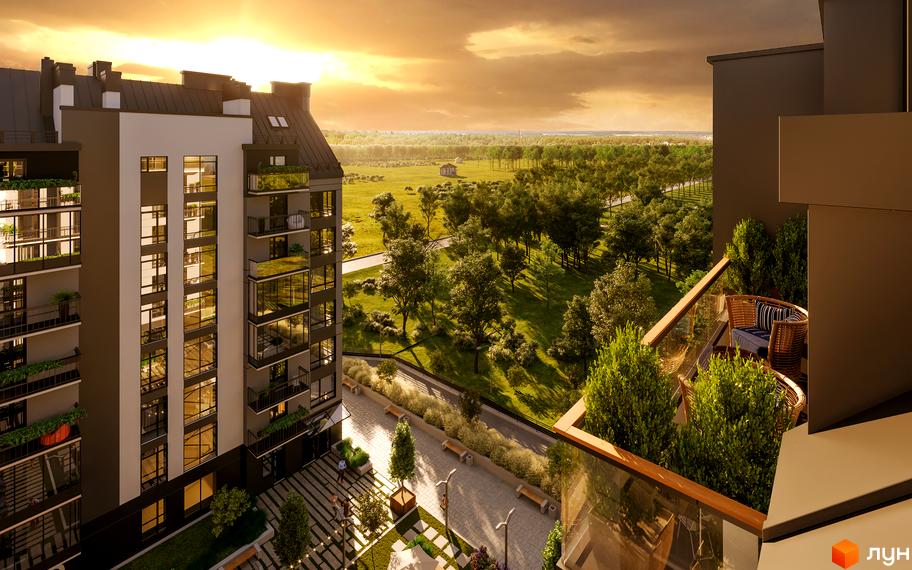 Новобудова ЖК Park Residence з балконами та панорамними вікнами, що виходить на зелену прибудинкову територію з деревами та алеями.