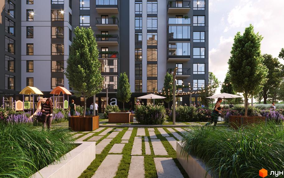 Будинок житлового комплексу Park Residence з балконами та великими вікнами, облаштований двір з дитячим майданчиком, зонами відпочинку та зеленими насадженнями.